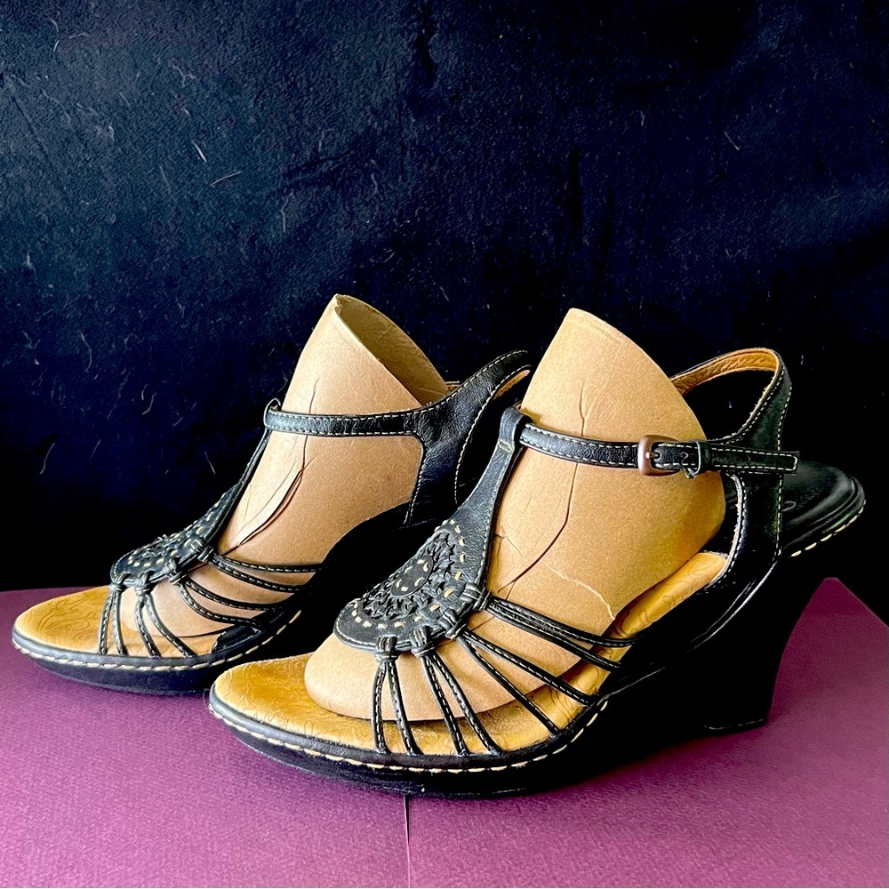 Sofft brand black wedge leather sandals will be your go-to for comfort and style